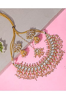 Gold Finish Kundan Polki & Pearl Drop Necklace Set