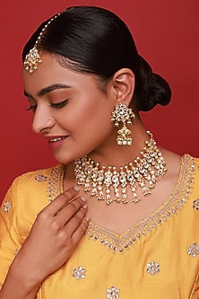 Gold Finish Kundan Polki & Pearl Drop Necklace Set