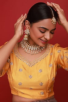 Gold Finish Kundan Polki & Pearl Drop Necklace Set