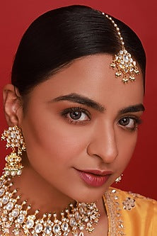Gold Finish Kundan Polki & Pearl Drop Necklace Set