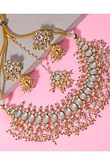 Gold Finish Kundan Polki & Pearl Drop Necklace Set