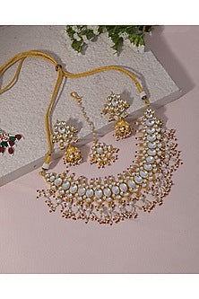 Gold Finish Kundan Polki & Pearl Drop Necklace Set
