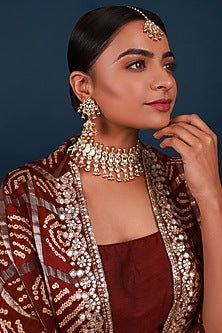 Gold Finish Kundan Polki & Pearl Drop Necklace Set