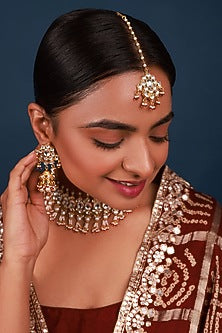 Gold Finish Kundan Polki & Pearl Drop Necklace Set