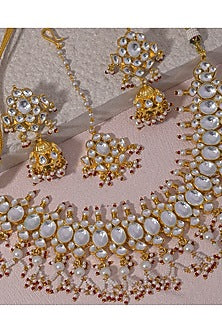Gold Finish Kundan Polki & Pearl Drop Necklace Set