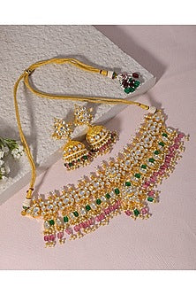Gold Finish Kundan Polki & Pearl Drop Choker Necklace Set