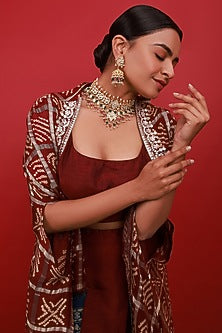 Gold Finish Kundan Polki & Pearl Drop Choker Necklace Set