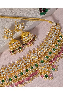 Gold Finish Kundan Polki & Pearl Drop Choker Necklace Set