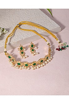Gold Finish Kundan Polki & Pearl Drop Choker Necklace Set
