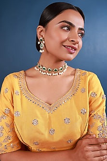 Gold Finish Kundan Polki & Pearl Drop Choker Necklace Set