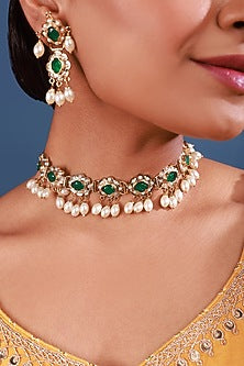 Gold Finish Kundan Polki & Pearl Drop Choker Necklace Set