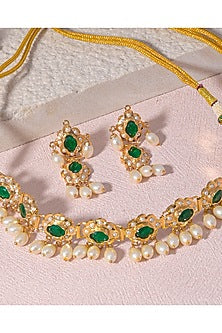 Gold Finish Kundan Polki & Pearl Drop Choker Necklace Set