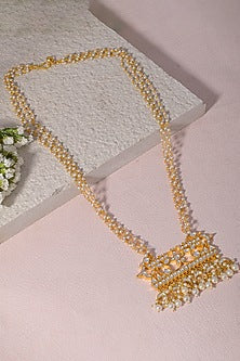Gold Finish Kundan Polki & Pearl Drop Long Necklace