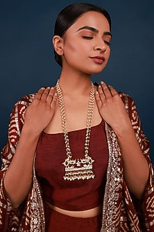 Gold Finish Kundan Polki & Pearl Drop Long Necklace