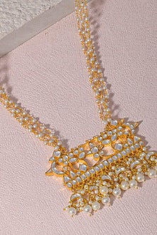 Gold Finish Kundan Polki & Pearl Drop Long Necklace