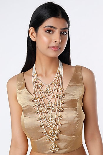 Gold Finish Kundan Polki & Pearls Rani Necklace