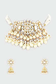 Gold Finish Kundan Polki & Pearls Choker Necklace Set