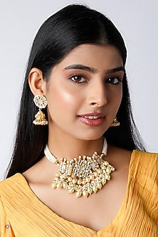 Gold Finish Kundan Polki & Pearls Choker Necklace Set