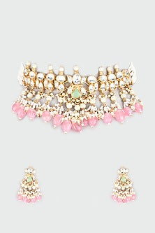 Gold Finish Baby Pink Beaded Choker Necklace Set
