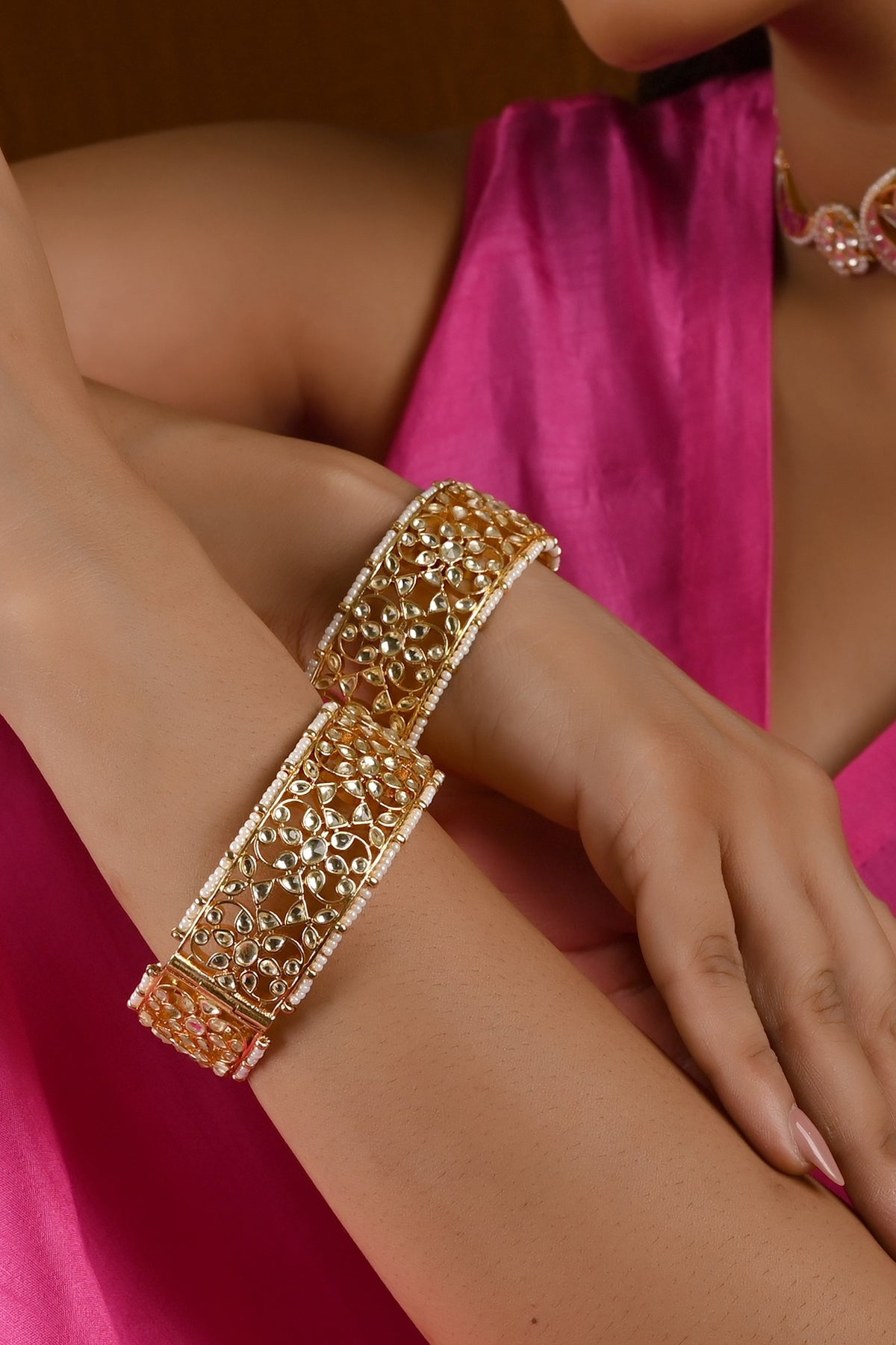Gold Finish Kundan Polki Bangles (Set of 2)