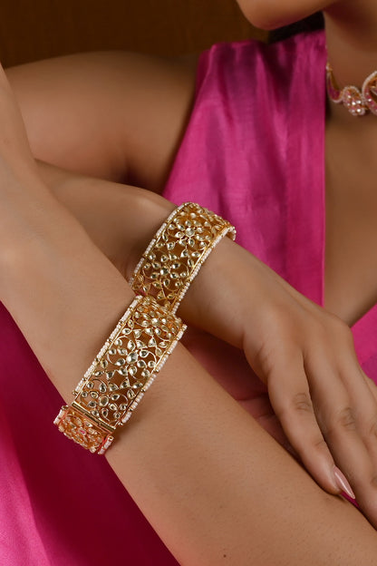 Gold Finish Kundan Polki Bangles (Set of 2)