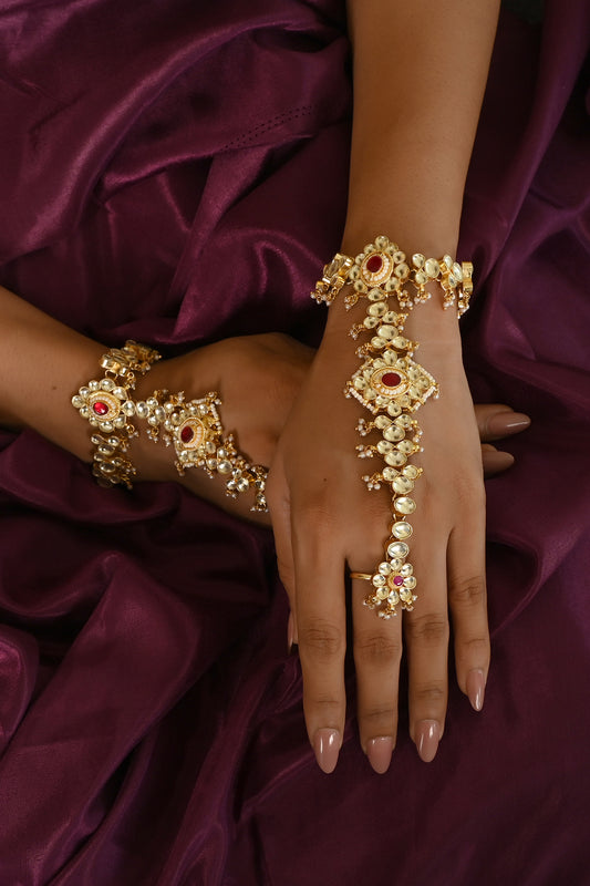 Gold Finish Kundan Polki & Pink Stone Hathphool (Set of 2)