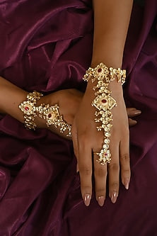 Gold Finish Kundan Polki & Pink Stone Hathphool (Set of 2)