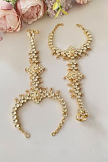 Gold Finish Kundan Polki Hathphool (Set of 2)