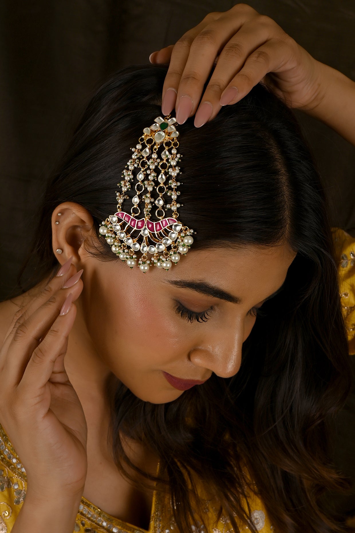 Gold Finish Kundan Polki & Pink Drops Pasa