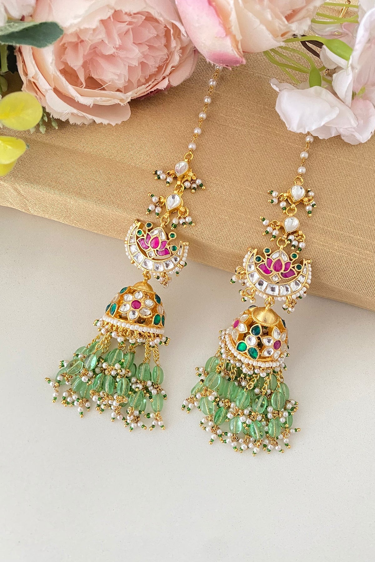 Gold Finish Pink & Green Kundan Polki Jhumka Earrings