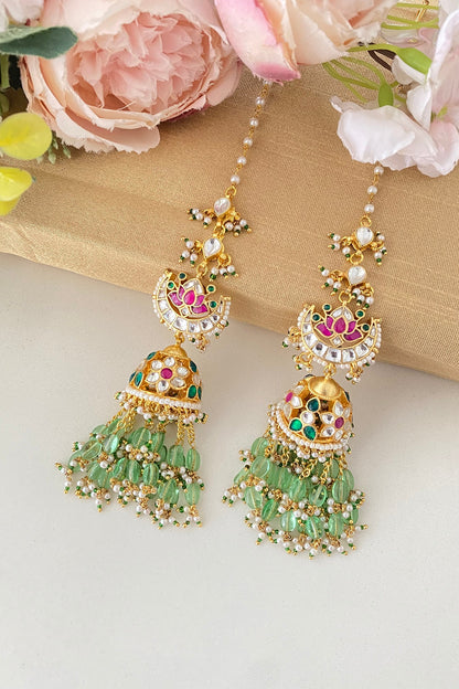 Gold Finish Pink & Green Kundan Polki Jhumka Earrings