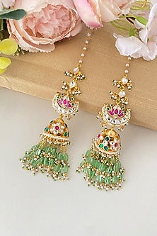 Gold Finish Pink & Green Kundan Polki Jhumka Earrings