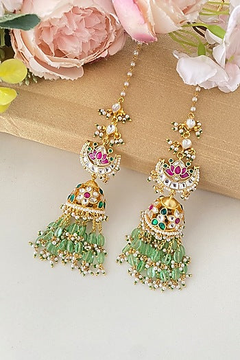Gold Finish Pink & Green Kundan Polki Jhumka Earrings
