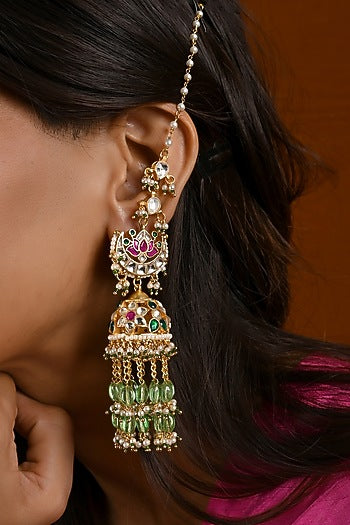 Gold Finish Pink & Green Kundan Polki Jhumka Earrings