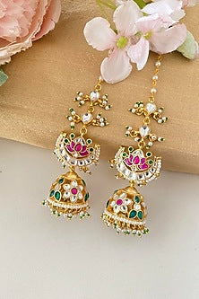 Gold Finish Kundan Polki & Pearl Drop Jhumka Earrings