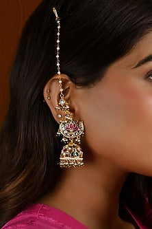 Gold Finish Kundan Polki & Pearl Drop Jhumka Earrings