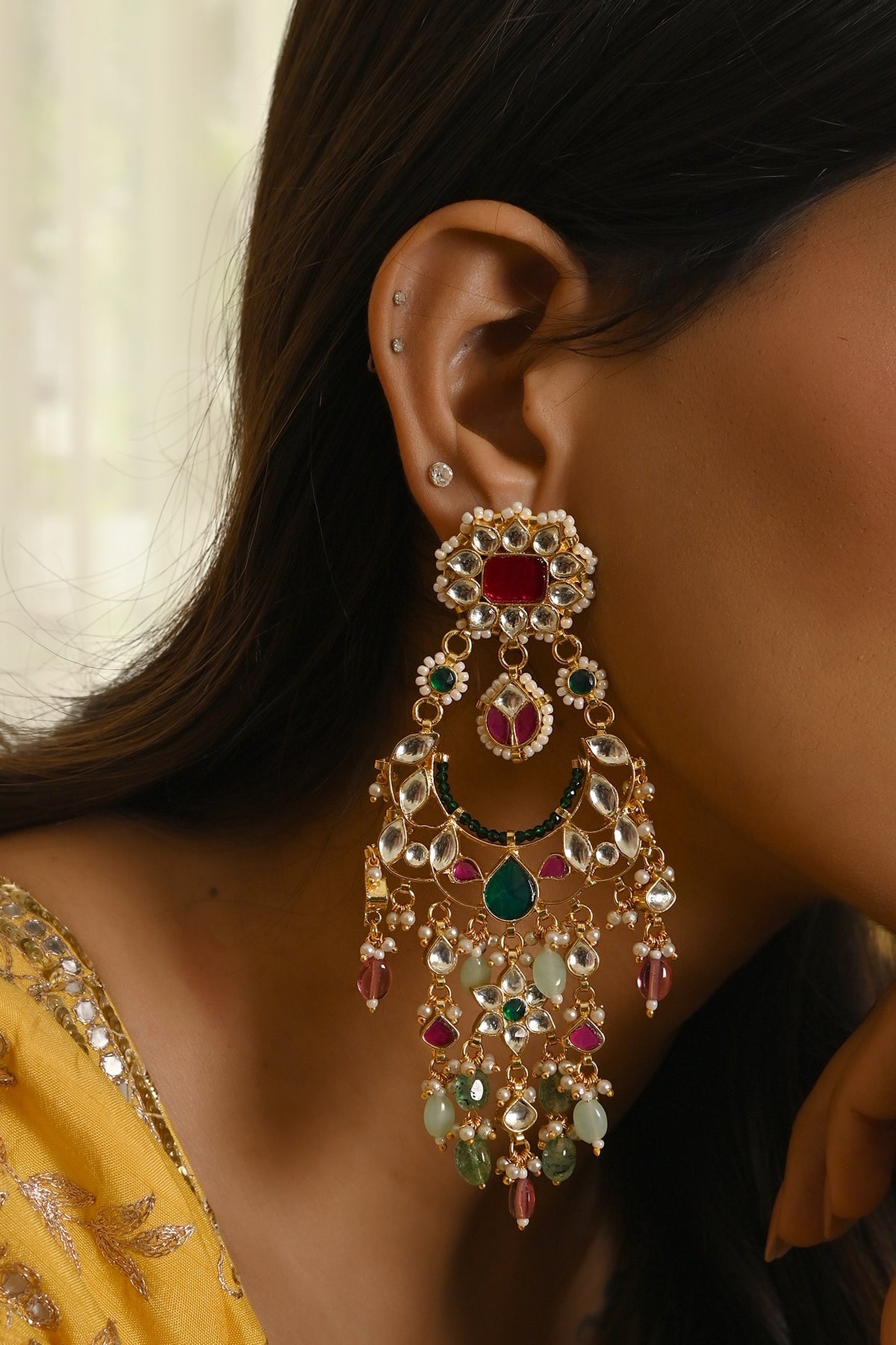 Gold Finish Kundan Polki & Navratna Stone Chandbali Earrings