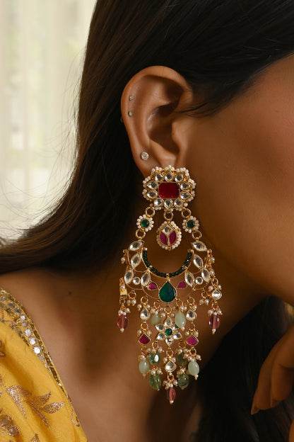 Gold Finish Kundan Polki & Navratna Stone Chandbali Earrings