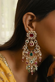 Gold Finish Kundan Polki & Navratna Stone Chandbali Earrings
