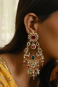 Gold Finish Kundan Polki & Navratna Stone Chandbali Earrings
