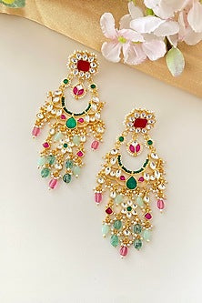 Gold Finish Kundan Polki & Navratna Stone Chandbali Earrings