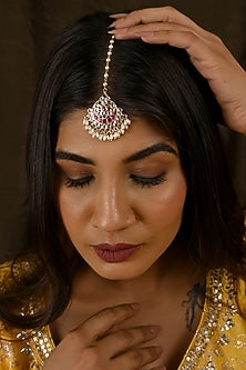 Gold Finish Kundan Polki & Pink Stone Maangtikka