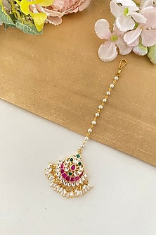 Gold Finish Kundan Polki & Pink Stone Maangtikka