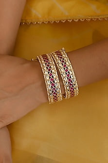 Micro Gold Finish Pink Kundan Polki Bangles (Set of 2)