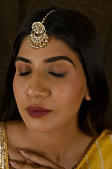 Micro Gold Finish Kundan Polki & Green Pearl Maangtikka