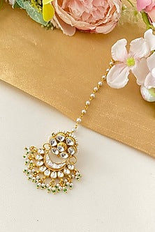 Micro Gold Finish Kundan Polki & Green Pearl Maangtikka
