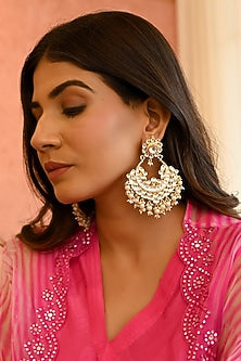 Micro Gold Finish Pearl Drop & Kundan Polki Chandbali Earrings