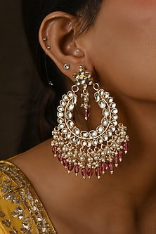 Micro Gold Finish Kundan Polki & Pink Drop Chandbali Earrings