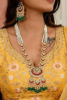 Micro Gold Finish Kundan Polki & Green Drop Long Necklace Set