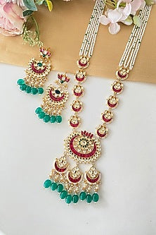 Micro Gold Finish Kundan Polki & Green Drop Long Necklace Set